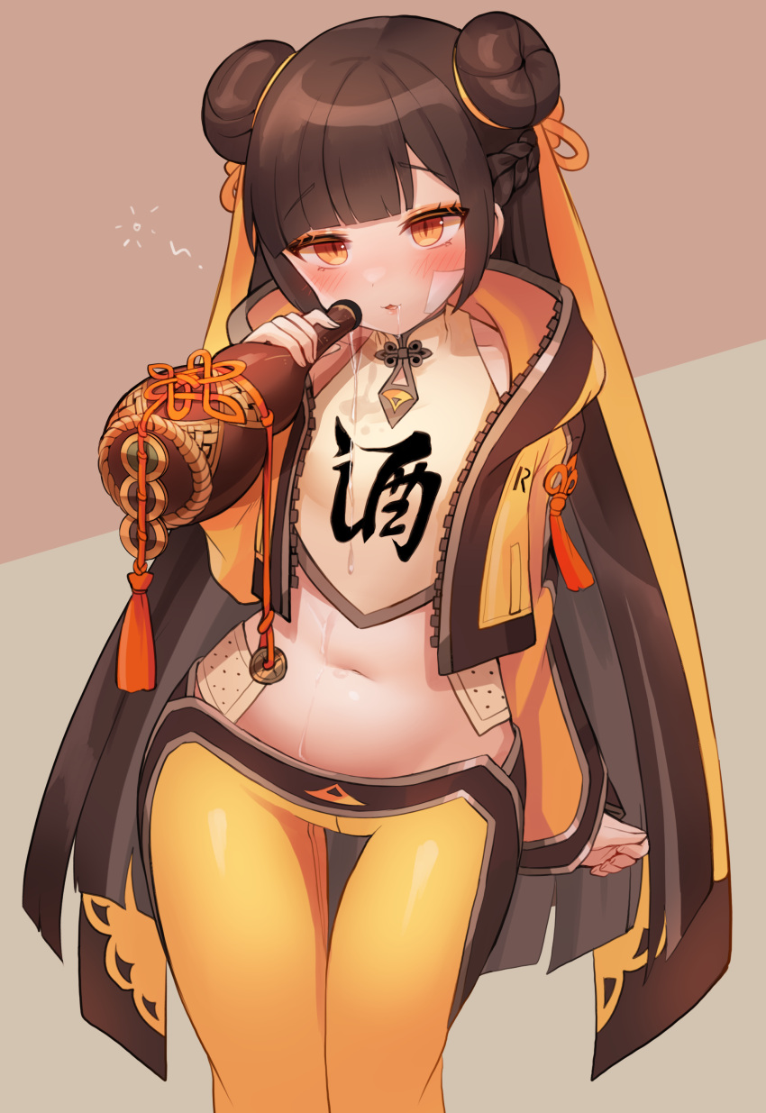 1girl absurdres bandaid_on_stomach bangs black_survival blunt_bangs blush bottle chinese_clothes double_bun dudou eyebrows_visible_through_hair highres honyang li_dailin long_hair midriff mizuhiki navel pants parted_lips smile solo tassel very_long_hair yellow_pants