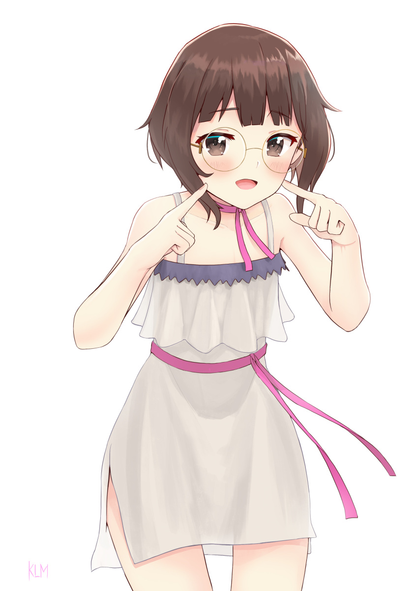 1girl :d absurdres ayumin_(vtuber) bangs bare_arms bare_shoulders blush brown_eyes brown_hair check_copyright choker collarbone commentary commission copyright_request cowboy_shot dress english_commentary eyebrows_visible_through_hair glasses hands_up highres index_finger_raised indie_virtual_youtuber jtleeklm layered_dress looking_at_viewer open_mouth pink_choker pink_ribbon pixiv_request ribbon ribbon_choker shiny shiny_hair short_dress short_hair simple_background sleeveless sleeveless_dress smile solo virtual_youtuber white_background white_dress