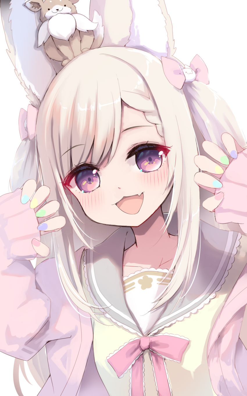 1girl :d animal_ear_fluff animal_ears animare bow braid cardigan fang fox hair_bow highres long_hair long_sleeves looking_at_viewer multicolored multicolored_nails neckerchief open_mouth pink_cardigan school_uniform serafuku shiromiya_mimi silver_hair skin_fang sleeves_past_wrists smile torinosu_afro two_side_up violet_eyes