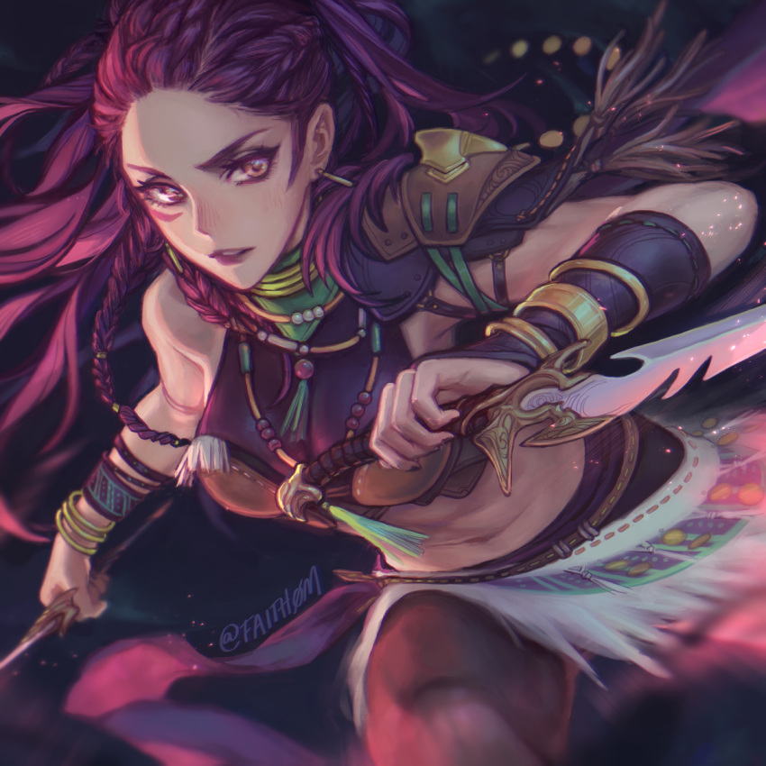 1girl artist_name bare_shoulders bracelet braid breasts commentary crop_top dual_wielding facial_mark faithom fire_emblem fire_emblem:_three_houses highres holding holding_knife holding_weapon jewelry knife long_hair medium_breasts midriff navel necklace petra_macneary puprle_hair reverse_grip solo stomach twitter_username violet_eyes weapon