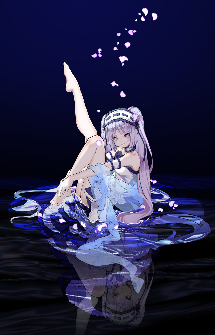 1girl absurdres aoi_sakurako ass bare_shoulders barefoot blue_flower blue_rose closed_mouth commentary_request dress euryale_(fate) fate/hollow_ataraxia fate_(series) flower frilled_dress frilled_hairband frills hairband highres knee_up leg_up long_hair petals purple_hair reflection rose see-through sitting smile solo strapless strapless_dress twintails very_long_hair violet_eyes water white_dress white_hairband