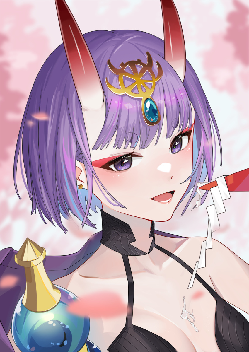 1girl absurdres alcohol bangs bare_shoulders bob_cut breasts collarbone cup eyeliner fate/grand_order fate_(series) gourd headpiece highres horns japanese_clothes kimono looking_at_viewer makeup oni oni_horns open_mouth purple_hair purple_kimono revealing_clothes sakazuki sake short_hair shuten_douji_(fate) skin-covered_horns small_breasts smile sumiya4869 violet_eyes