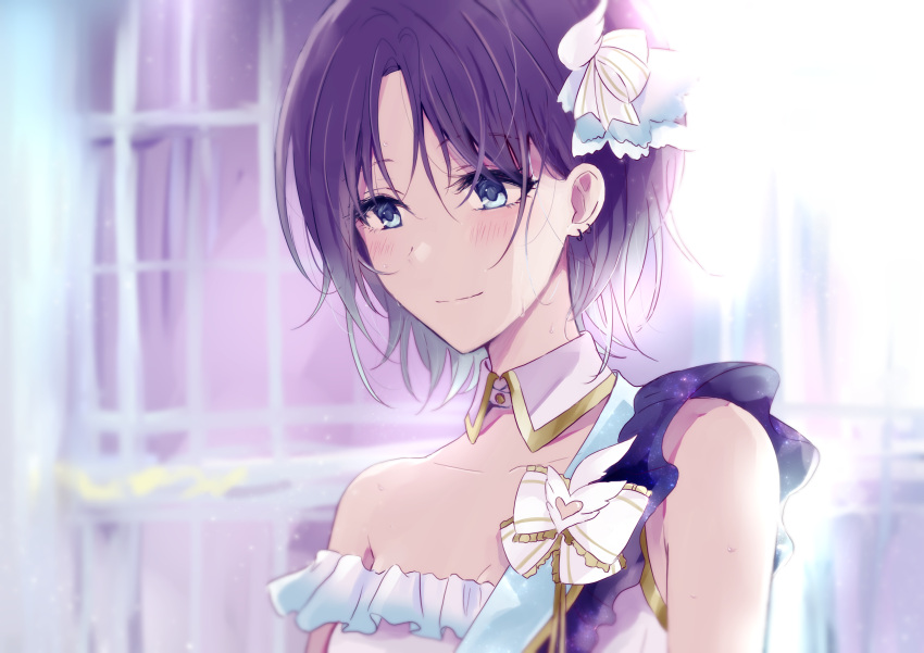 1girl absurdres asakura_tooru blush bow collarbone detached_collar dress earrings frilled_dress frills glint gradient_hair hair_ornament highres idol idolmaster idolmaster_shiny_colors jewelry kumano09_(yaecha0) light_smile looking_away looking_down multicolored_hair off_shoulder purple_hair shiny shiny_hair shiny_skin short_hair single_bare_shoulder solo stage sweat sweatdrop upper_body