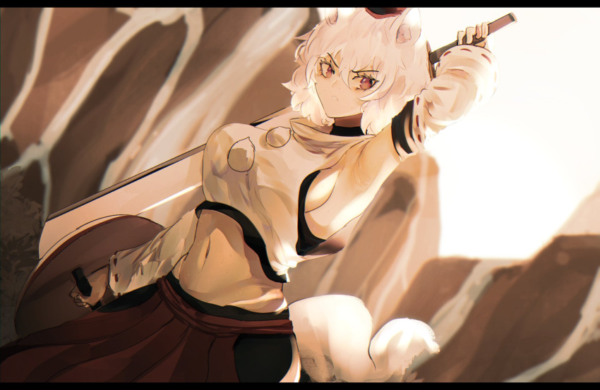 1girl animal_ear_fluff animal_ears arm_up armpits black_skirt blurry blurry_background breasts cowboy_shot crop_top detached_sleeves dutch_angle eyebrows_visible_through_hair groin hair_between_eyes hat highres holding holding_shield holding_sword holding_weapon inubashiri_momiji large_breasts letterboxed midriff naufaldreamer navel outdoors parted_lips pom_pom_(clothes) red_eyes red_headwear red_skirt ribbon-trimmed_sleeves ribbon_trim serious shield shirt short_hair sideboob skirt solo standing sword tail tokin_hat touhou turtleneck v-shaped_eyebrows weapon white_hair white_shirt wolf_ears wolf_tail