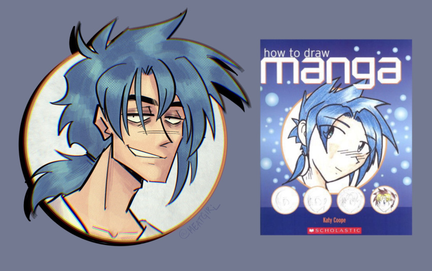 1boy artist_name bags_under_eyes bangs black_eyes blue-haired_boy_(how_to_draw_manga) blue_background blue_hair blue_theme blush chromatic_aberration collarbone commentary cover cover_page derivative_work dithering drop_shadow english_commentary face grin hair_intakes half-closed_eyes happy highres how_to_draw_manga katy_coope light_blush long_hair looking_at_viewer male_focus meatgiri nose_blush ponytail reference_work shirt sidelocks sideways_mouth signature simple_background smile solo teeth thick_eyebrows tied_hair twitter_username upper_body white_shirt