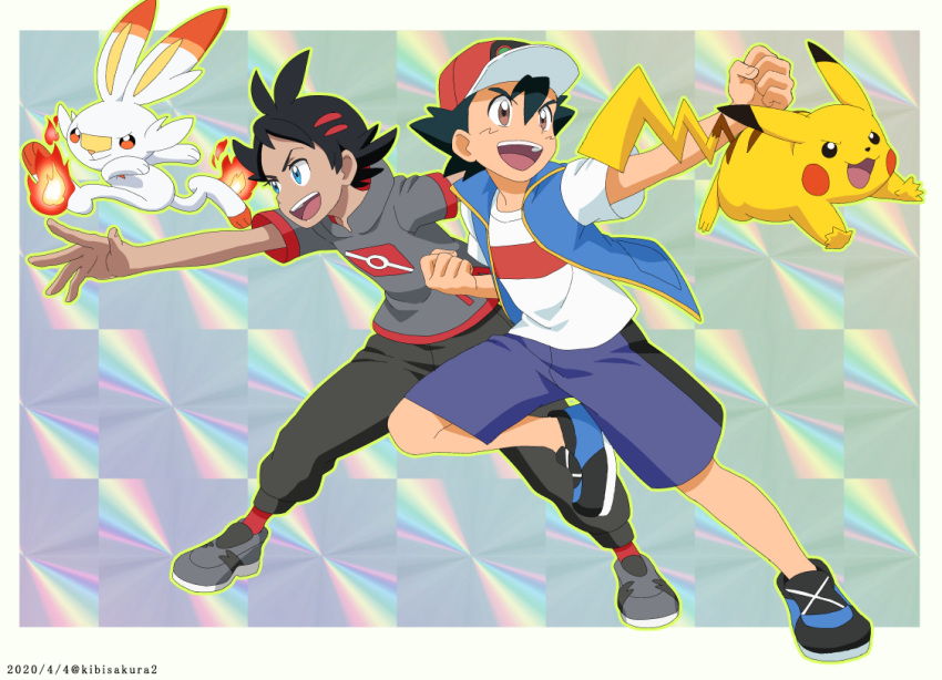 2boys :d artist_name ash_ketchum bangs baseball_cap black_hair black_pants blue_eyes blue_jacket border brown_eyes clenched_hands commentary_request dated fire gen_1_pokemon gen_8_pokemon goh_(pokemon) grey_footwear grey_shirt hair_ornament hat jacket kibisakura2 leaning_forward legs_apart looking_back male_focus multiple_boys official_style open_clothes open_jacket open_mouth outline outside_border pants pikachu pokemon pokemon_(anime) pokemon_swsh_(anime) red_legwear scorbunny shirt shoes short_sleeves shorts sleeveless sleeveless_jacket smile socks spread_fingers standing standing_on_one_leg t-shirt teeth tongue white_border white_shirt