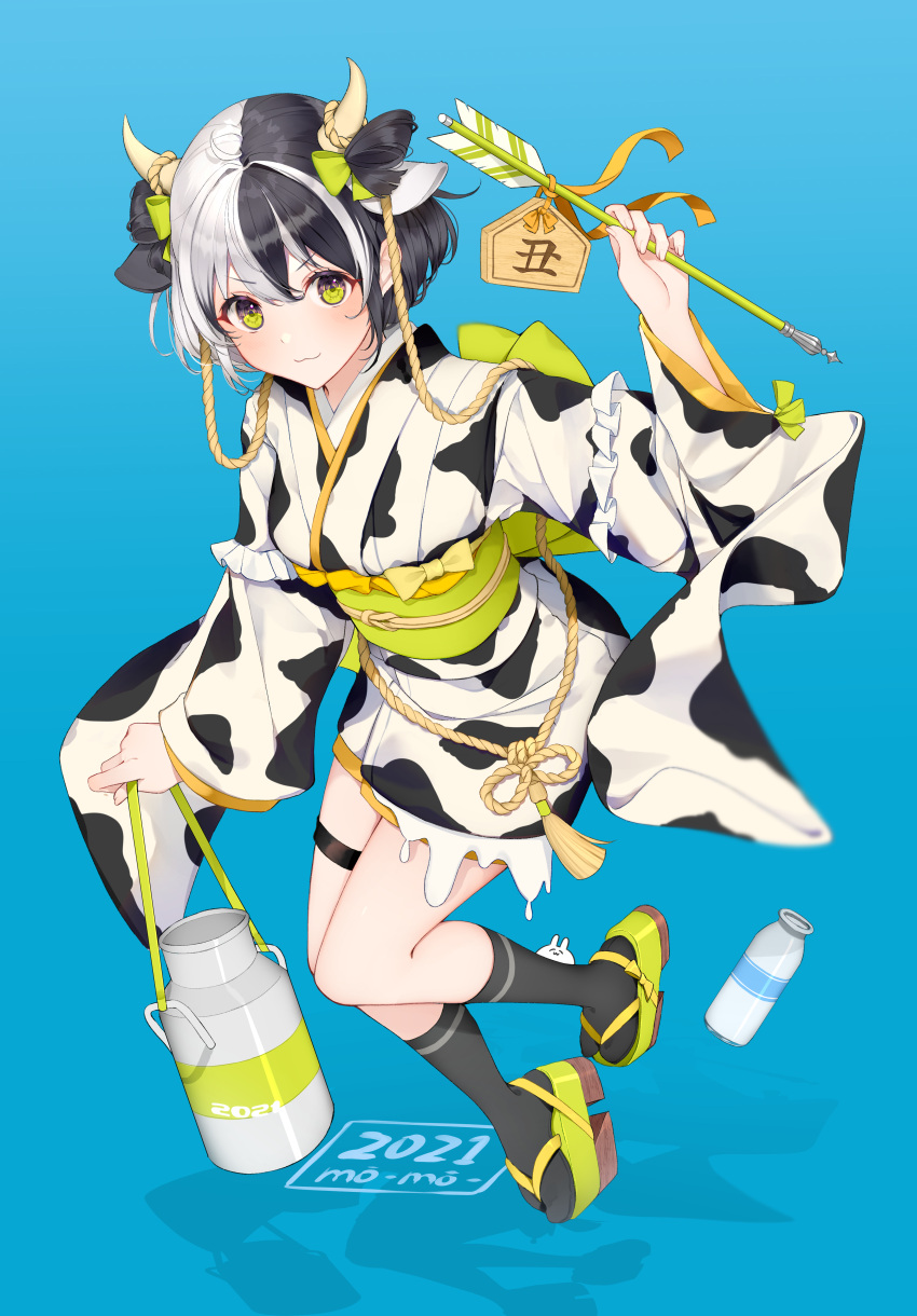 1girl 2021 :3 absurdres animal_ears animal_print arrow_(projectile) black_hair bottle bow chinese_zodiac closed_mouth cow_ears cow_girl cow_horns cow_print ema extra_ears eyebrows_visible_through_hair frills furisode green_bow green_eyes hair_bow hamaya hand_up highres holding horns japanese_clothes kimono kneehighs leg_up liquid_clothes long_sleeves looking_at_viewer milk_bottle milk_churn multicolored_hair new_year obi obijime okobo original rabbit rope sash short_hair short_kimono tabi thigh_strap two-tone_hair usamochi. white_hair wide_sleeves year_of_the_ox