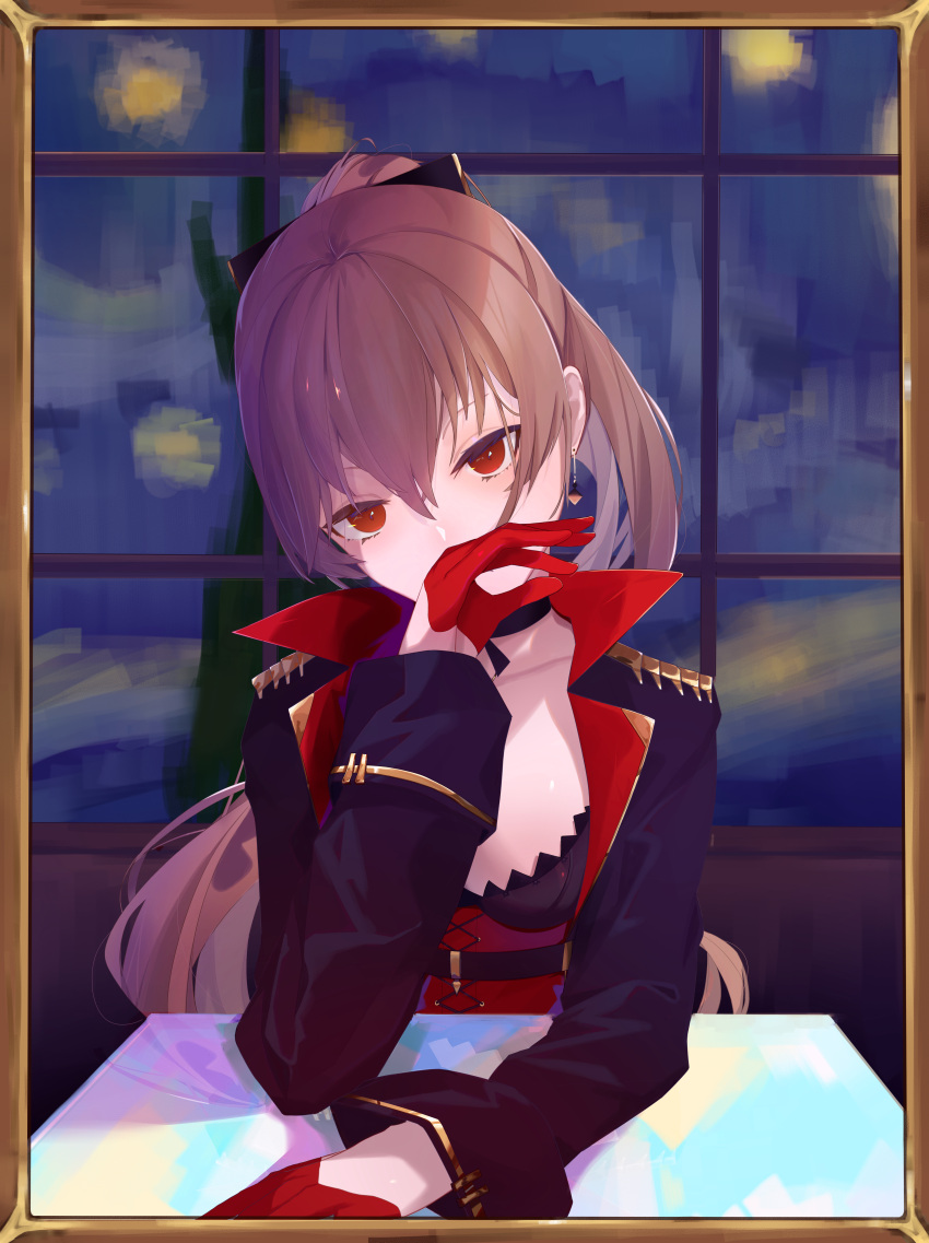 1girl absurdres azur_lane brown_hair commentary_request corset covering_mouth gloves hair_between_eyes hand_over_own_mouth high_ponytail highres hiraba huge_filesize jean_bart_(azur_lane) long_sleeves looking_at_viewer red_eyes red_gloves