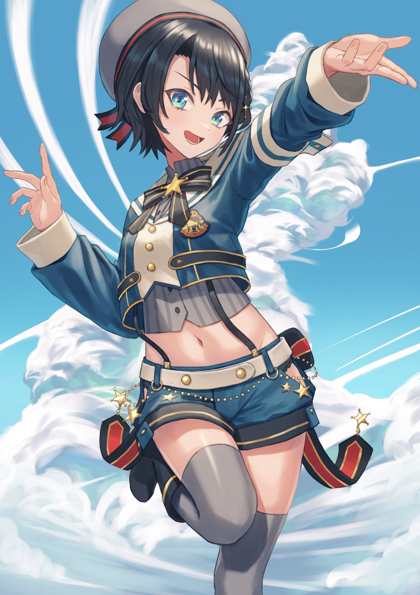 1girl :d absurdres beret black_hair blue_eyes blue_sky bow bowtie clouds cloudy_sky grey_legwear hair_ornament hat highres hip_vent hololive long_sleeves looking_at_viewer midriff navel oozora_subaru open_mouth short_hair shorts sky smile solo standing standing_on_one_leg suspender_shorts suspenders thigh-highs yorishiem