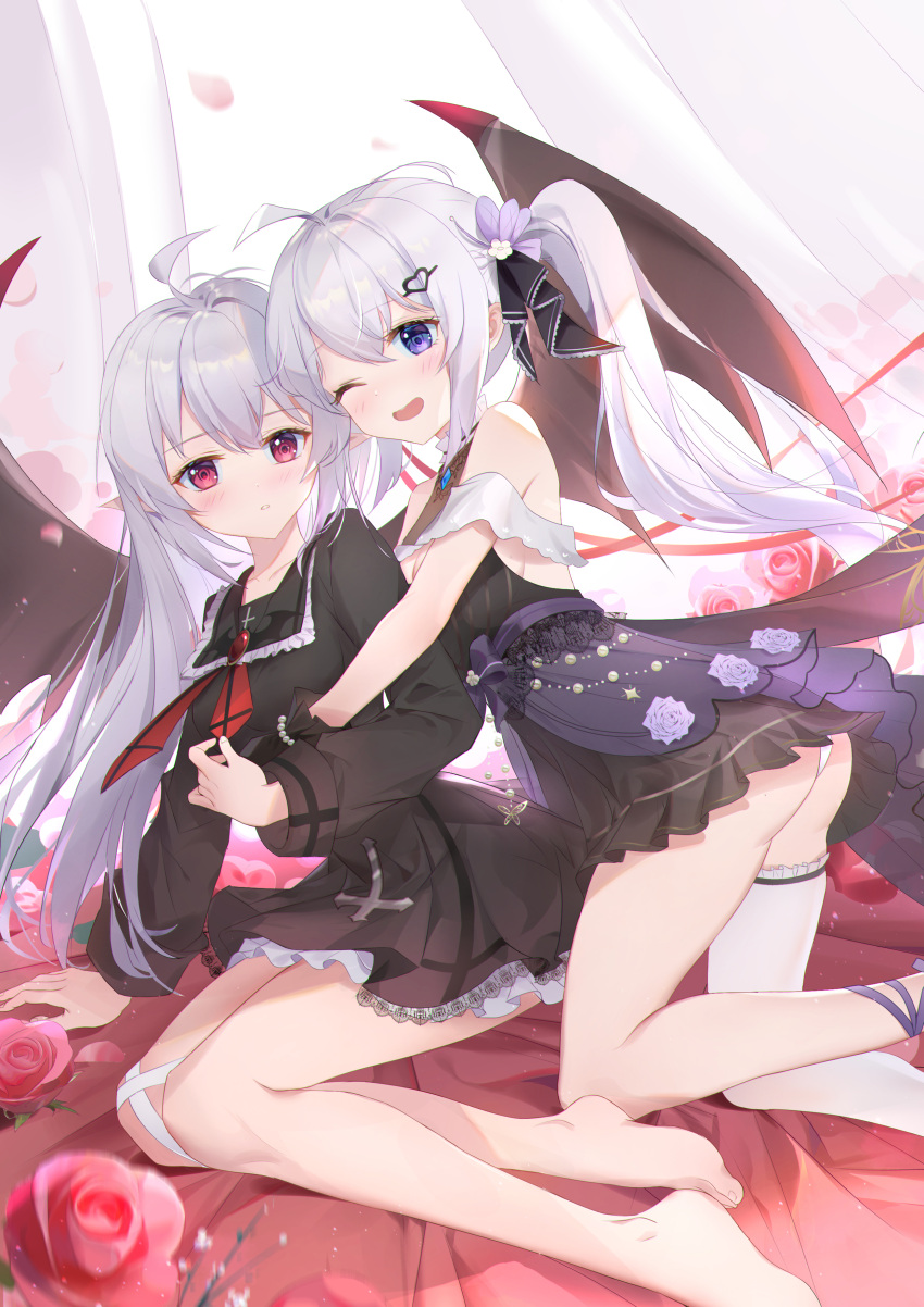 2girls ;) absurdres ahoge arm_support bangs bare_legs bare_shoulders barefoot bat_wings black_dress black_gloves black_ribbon blush breasts character_request copyright_request dress eyebrows_visible_through_hair flower frilled_shirt_collar frills gloves grey_hair hair_ornament hair_ribbon heart heart_hair_ornament highres hug hug_from_behind kneeling leaning_on_person legs long_hair long_sleeves looking_at_viewer medium_breasts multiple_girls one_eye_closed panties pointy_ears red_eyes red_flower red_neckwear red_rose ribbon rose side_ponytail sidelocks single_thighhigh sitting smile somna thigh-highs underwear very_long_hair violet_eyes virtual_youtuber white_legwear white_panties wings yuri