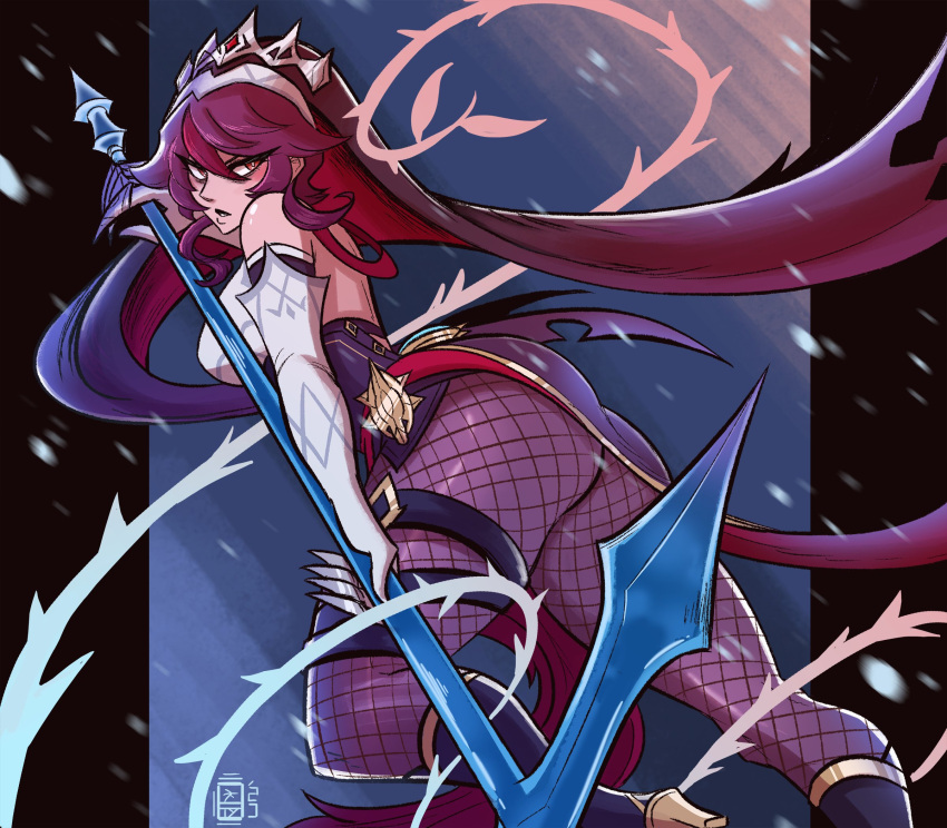 1girl bare_shoulders breasts elbow_gloves fishnet_legwear fishnets genshin_impact glaring gloves half-closed_eyes highres holding holding_polearm holding_weapon looking_at_viewer polearm purple_hair purple_legwear rosaria_(genshin_impact) scruffyturtles solo thick_thighs thighs thorns veil violet_eyes weapon