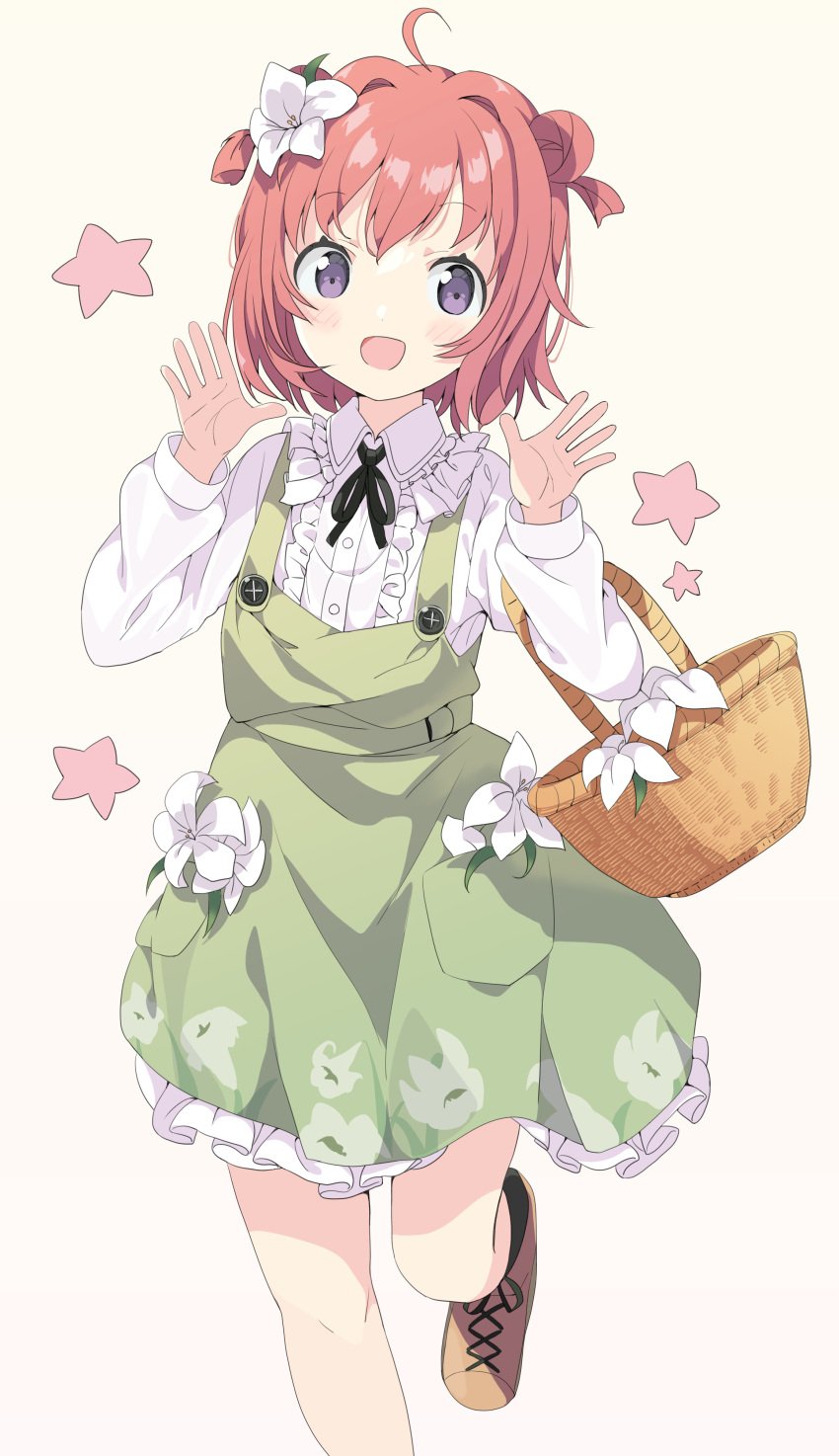 1girl :d absurdres ahoge akaza_akari bangs basket black_legwear blush brown_background brown_footwear brown_hair center_frills collared_shirt commentary_request double_bun dress eyebrows_visible_through_hair flower frilled_dress frilled_shirt frills green_dress hair_flower hair_intakes hair_ornament hands_up highres long_sleeves looking_at_viewer open_mouth revision shirt shoes sleeveless sleeveless_dress smile socks solo standing standing_on_one_leg star_(symbol) tantan_men_(dragon) two_side_up violet_eyes white_flower white_shirt yuru_yuri