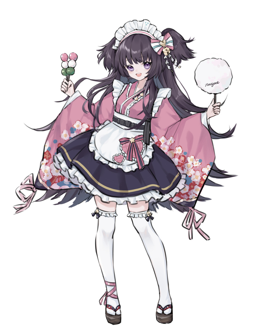 1girl alternate_costume black_hair blue_archive dango enmaided food hair_ornament highres japanese_clothes kimono long_sleeves looking_at_viewer maid maid_headdress riinougat shizuko_(blue_archive) simple_background solo thigh-highs violet_eyes wa_maid wagashi white_background white_hair