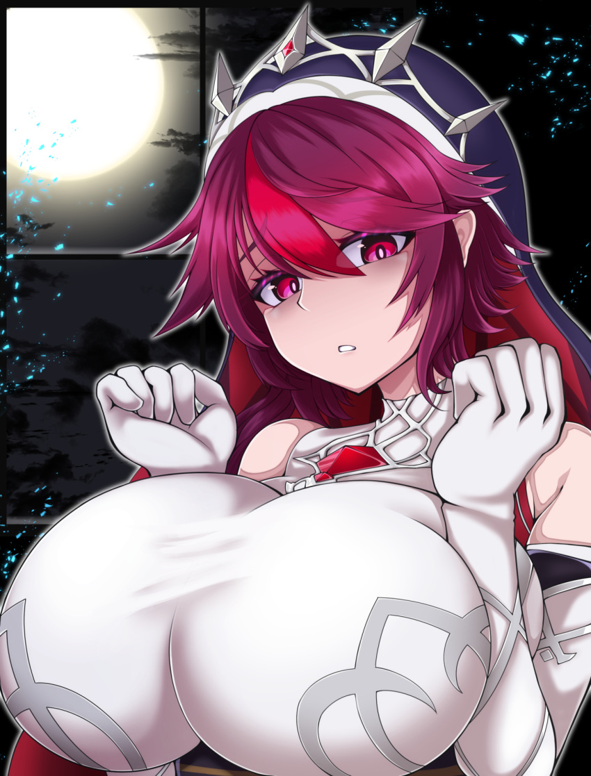 1girl bare_shoulders breasts elbow_gloves full_moon genshin_impact gloves half-closed_eyes highres huge_breasts kurarika looking_at_viewer moon parted_lips rosaria_(genshin_impact) solo upper_body veil white_gloves