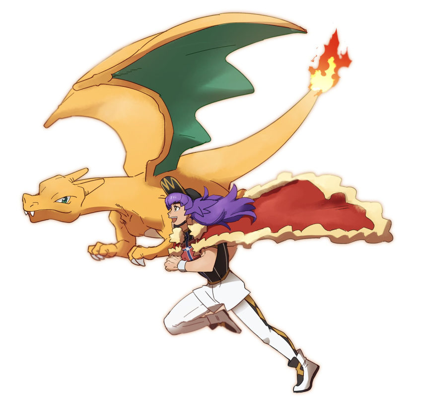1boy :d baseball_cap cape champion_uniform charizard claws closed_mouth dark_skin dark_skinned_male facial_hair fangs fangs_out fire flame floating_hair from_side fur-trimmed_cape fur_trim gen_1_pokemon green_eyes hat highres leon_(pokemon) long_hair male_focus morio_(poke_orio) open_mouth pokemon pokemon_(creature) pokemon_(game) pokemon_swsh purple_hair red_cape running shirt shoes short_shorts short_sleeves shorts smile teeth white_legwear white_shorts yellow_eyes