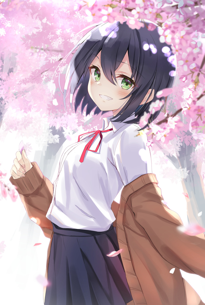 1girl absurdres black_hair black_skirt blush cherry_blossoms clenched_teeth commentary_request eyebrows_visible_through_hair fingernails green_eyes hair_between_eyes highres long_sleeves looking_at_viewer original petals red_neckwear red_ribbon ribbon school_uniform shirt short_hair skirt smile solo teeth toshizou_(0714) white_shirt