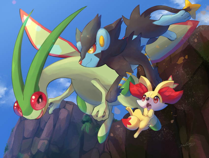 bright_pupils claws closed_mouth clouds day fang fennekin flygon gen_3_pokemon gen_4_pokemon gen_6_pokemon highres looking_to_the_side luxray no_humans nullma open_mouth outdoors pokemon pokemon_(creature) red_eyes shiny sky smile tongue