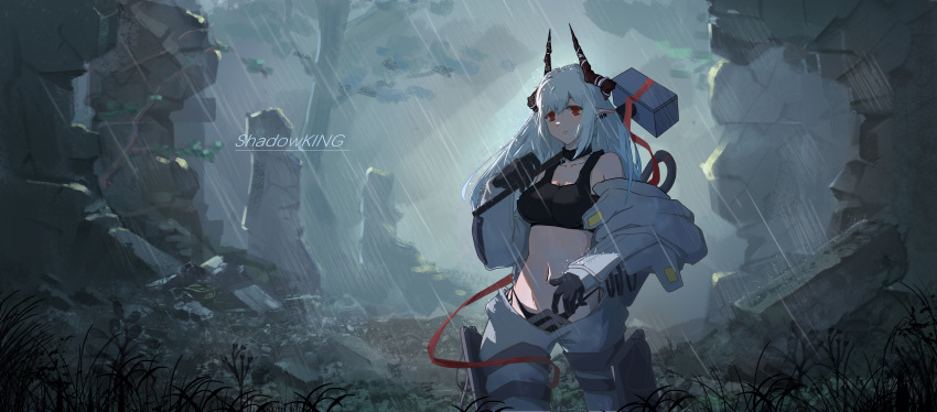 1girl absurdres arknights bangs bare_shoulders black_gloves breasts commentary cowboy_shot crop_top gloves hammer hand_up highres holding holding_hammer holding_weapon horns large_breasts long_hair looking_at_viewer midriff mudrock_(arknights) navel off_shoulder open_clothes outdoors pointy_ears rain red_eyes shadowking silver_hair solo sports_bra standing stomach weapon