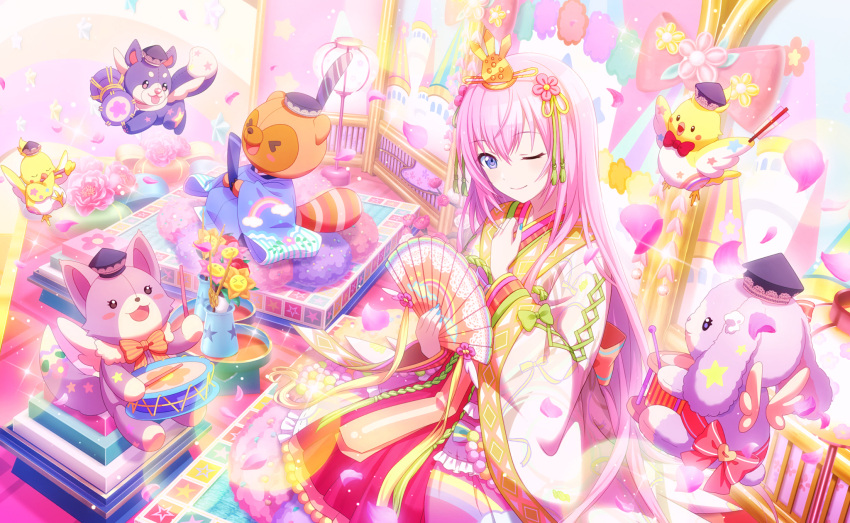 blue_eyes long_hair megurine_luka pink_hair project_sekai smile wink yukata