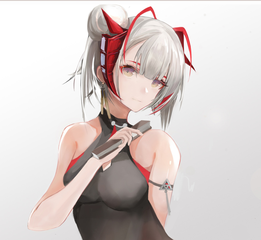 1girl antennae arknights bangs bare_arms bare_shoulders breasts chitangbujiayan commentary fan folding_fan gradient gradient_background grey_background grey_eyes hair_bun hand_up head_tilt highres holding holding_fan horns looking_at_viewer short_hair silver_hair sleeveless small_breasts solo upper_body w_(arknights)
