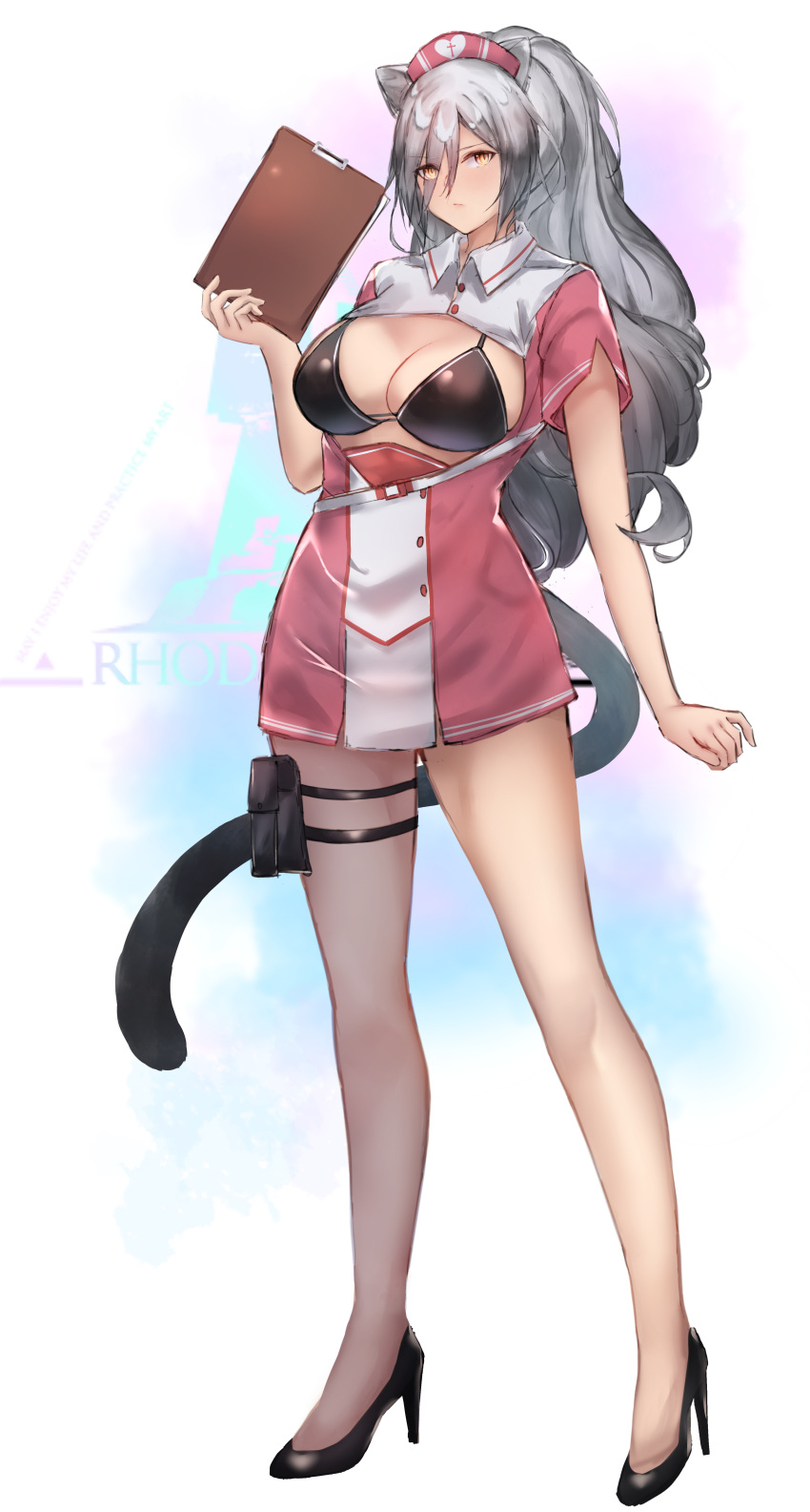 1girl absurdres alternate_costume animal_ears arknights bangs bare_legs bikini black_bikini black_footwear breasts breasts_outside cat_ears cat_tail clipboard commentary_request dress full_body hand_up hat high_heels highres holding long_hair looking_at_viewer medium_breasts nurse_cap pink_dress pouch schwarz_(arknights) short_dress short_sleeves silver_hair solo standing swimsuit tail thigh_strap thighs white_background yellow_eyes yujieai