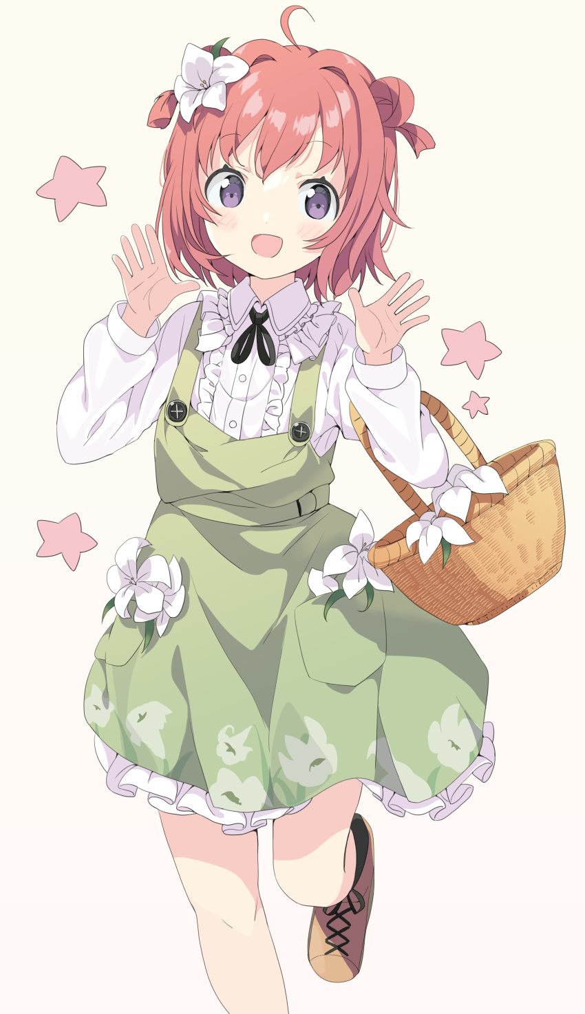 1girl :d absurdres ahoge akaza_akari bangs basket black_legwear blush brown_background brown_footwear brown_hair center_frills collared_shirt commentary_request double_bun dress eyebrows_visible_through_hair flower frilled_dress frilled_shirt frills green_dress hair_flower hair_intakes hair_ornament hands_up highres long_sleeves looking_at_viewer open_mouth shirt shoes sleeveless sleeveless_dress smile socks solo standing standing_on_one_leg star_(symbol) tantan_men_(dragon) two_side_up violet_eyes white_flower white_shirt yuru_yuri