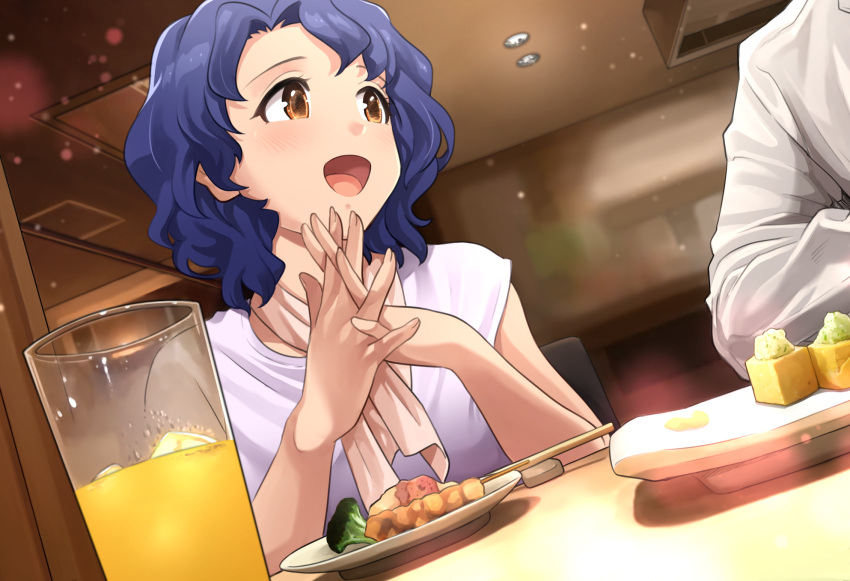 1boy 1girl :d blue_hair blush breasts broccoli brown_eyes ceiling_light chopsticks cup dish drink dust_particles food hanamasa_ono hands_together highres ice idolmaster idolmaster_million_live! indoors lavender_shirt long_sleeves looking_to_the_side medium_breasts open_mouth pink_scarf restaurant scarf shirt short_hair short_sleeves sitting skewer smile toyokawa_fuuka upper_body white_shirt