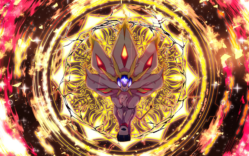 absurdres colorful electricity fire gen_7_pokemon glowing glowing_eyes highres huge_filesize legendary_pokemon looking_at_viewer multicolored multicolored_background no_humans pokemon pokemon_(creature) solgaleo sparkle sparkle_background tagme white_eyes yama_neko_3