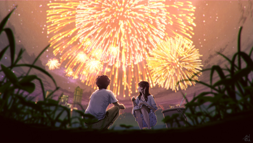 1boy 1girl aerial_fireworks black_hair blurry blurry_foreground brown_pants bucket building clouds collarbone commentary_request depth_of_field facing_away fireworks looking_away looking_to_the_side mocha_(cotton) original outdoors pants senkou_hanabi shirt short_sleeves skirt skyscraper sparkler squatting sunset white_shirt white_skirt