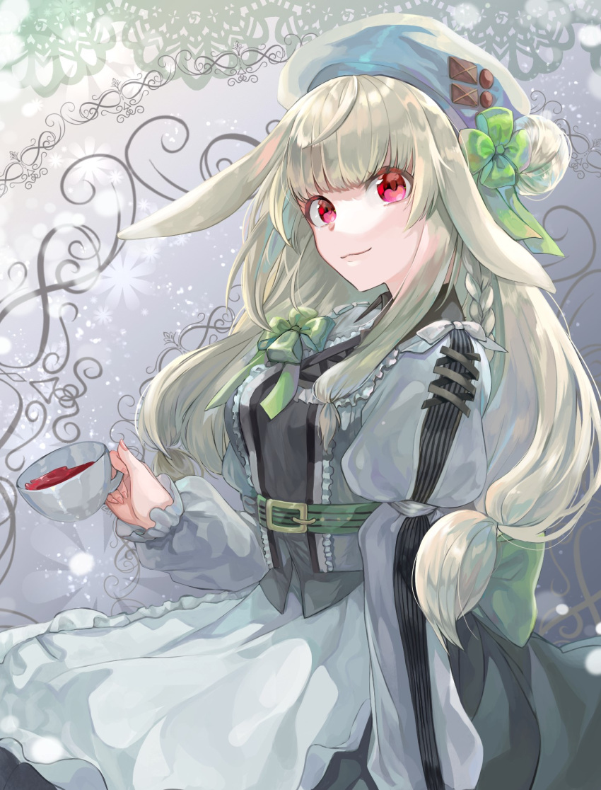 1girl animal_ears bangs blunt_bangs bow cup dress green_bow grey_background hair_ornament highres iyuha4 long_hair long_sleeves looking_at_viewer original puffy_long_sleeves puffy_sleeves rabbit_ears red_eyes silver_hair solo teacup white_dress white_headwear