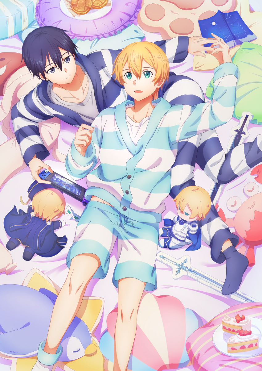 2boys bed black_eyes black_hair blonde_hair blue_cape blue_pajamas book cake cape capri_pants eugeo fcc food green_eyes highres kirito multiple_boys pajamas pants pillow shirt short_hair shorts sleepwear smile socks stuffed_toy sword_art_online sword_art_online:_alicization white_shirt