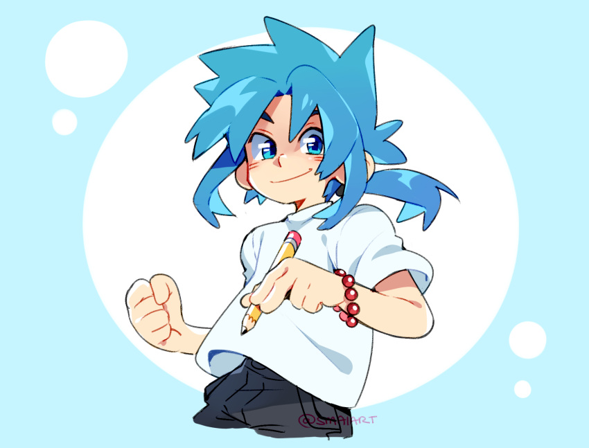 1boy artist_name bangs bead_bracelet beads black_pants blue-haired_boy_(how_to_draw_manga) blue_background blue_eyes blue_hair blue_theme blush bracelet clenched_hand closed_mouth commentary cowboy_shot cropped_legs english_commentary hair_intakes hair_tie hands_up happy highres holding holding_pencil how_to_draw_manga jewelry long_hair looking_at_viewer male_focus pants pencil ponytail sami_briggs shirt short_sleeves sidelocks signature simple_background smile solo spiky_hair standing tied_hair twitter_username two-tone_background white_shirt