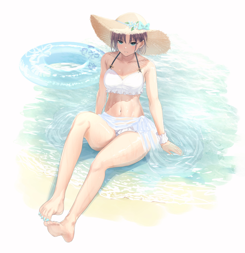 1girl absurdres asakura_tooru bikini blue_eyes brown_hair hat highres idolmaster idolmaster_shiny_colors innertube misaki_nonaka navel sarong short_hair sitting solo straw_hat sun_hat swimsuit toenail_polish water white_bikini