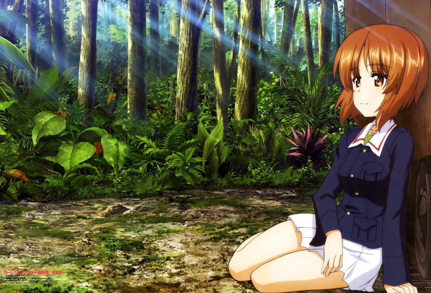 1girl absurdres armored_vehicle bare_legs blue_jacket brown_eyes brown_hair bush closed_mouth collarbone eyebrows_visible_through_hair fern forest girls_und_panzer grass green_shirt ground_vehicle highres itou_takeshi jacket jungle leaf light_rays long_sleeves military military_uniform military_vehicle motor_vehicle nature newtype nishizumi_miho official_art ooarai_military_uniform outdoors panzerkampfwagen_iv pleated_skirt scan shirt short_hair sitting skirt smile sunbeam sunlight tank thighs tree tree_trunk uniform white_skirt