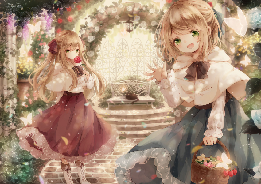 2girls absurdres arch basket blonde_hair blue_skirt bug butterfly cat fantasy fence floral_arch flower green_eyes half_updo highres insect lantern long_hair multiple_girls one_side_up open_mouth original pillar plant red_skirt rose short_hair siblings skirt smile stairs tukimisou0225 twins vines