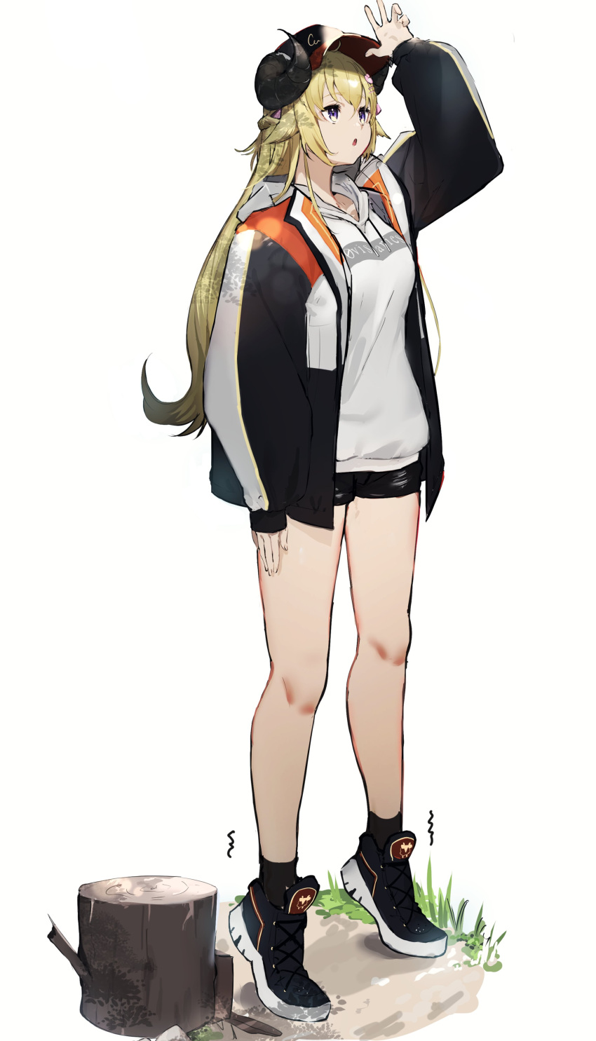 1girl :o absurdres alternate_costume animal_ears bangs baseball_cap black_footwear black_headwear black_jacket black_shorts blonde_hair hat highres hololive hood hoodie horns jacket long_hair looking_up open_hand open_mouth pamdaudonn0331 sheep_ears sheep_girl sheep_horns shoes short_shorts shorts sneakers solo tiptoes tree_stump tsunomaki_watame very_long_hair violet_eyes virtual_youtuber white_hoodie