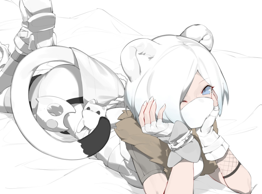 1girl absurdres animal_ears arknights bed_sheet blue_eyes breasts feet_up ferret ferret_ears ferret_girl ferret_tail fingerless_gloves fui_(fui29493452) gloves hands_on_own_cheeks hands_on_own_face highres looking_at_viewer lying mask mask_removed medium_breasts mouth_mask official_alternate_costume on_bed on_stomach one_eye_closed shirayuki_(arknights) shirayuki_(wind_of_breaking_blade_(arknights) short_hair short_sleeves silver_hair solo towel white_gloves white_nails white_towel