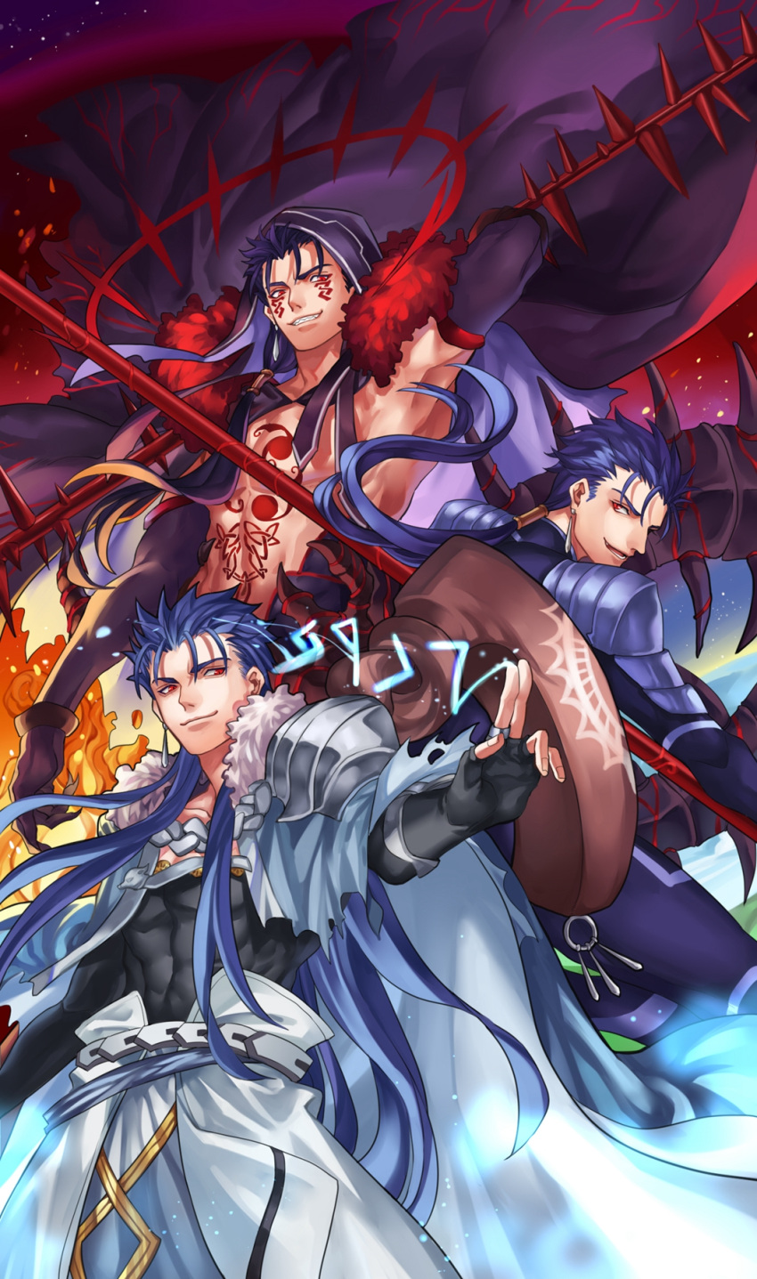 3boys arm_up armor beads belt black_gloves blue_bodysuit blue_hair bodypaint bodysuit cape casting_spell claws closed_mouth cu_chulainn_(fate)_(all) cu_chulainn_(fate/grand_order) cu_chulainn_alter_(fate/grand_order) dark_blue_hair dark_persona earrings elbow_gloves facepaint fate/grand_order fate/stay_night fate_(series) floating_hair fur-trimmed_cape fur-trimmed_hood fur_trim gae_bolg_(fate) gloves grin hair_beads hair_ornament highres holding holding_polearm holding_weapon hood hood_down hood_up jewelry kuzen lancer long_hair male_focus multiple_boys muscular muscular_male open_mouth pauldrons polearm ponytail red_eyes runes shirtless shoulder_armor skin_tight slit_pupils smile spikes spiky_hair staff tail vambraces weapon wooden_staff