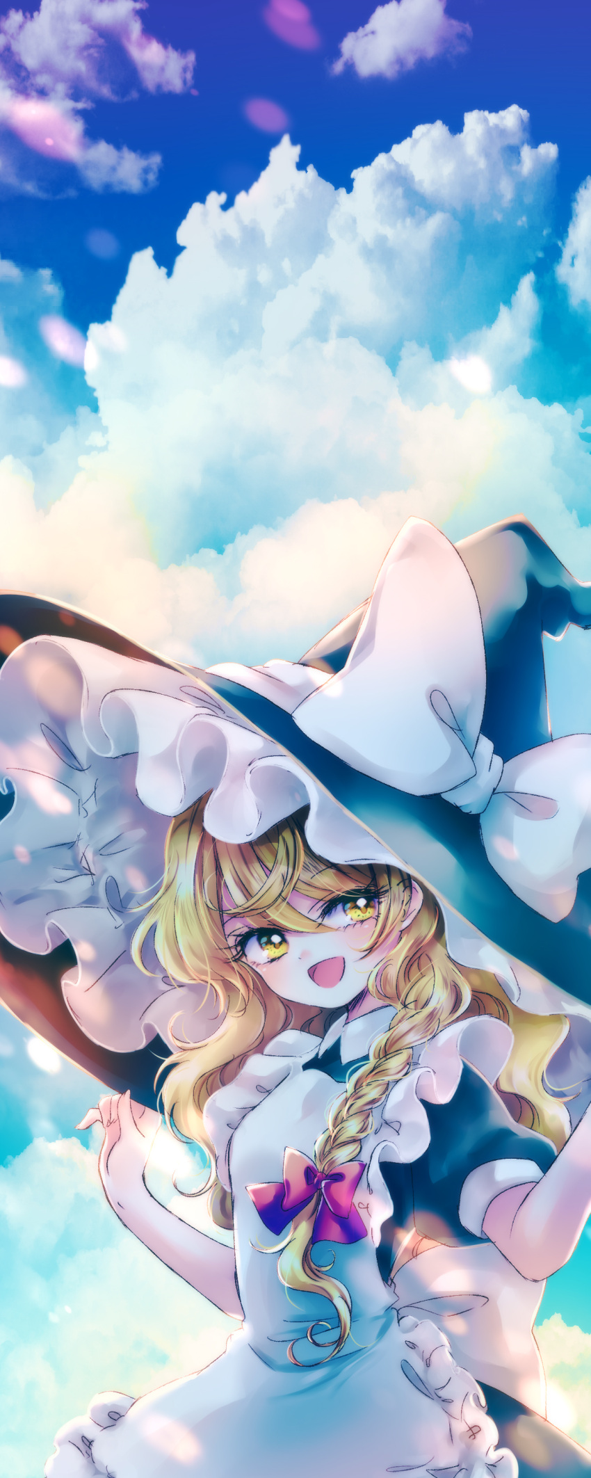 1girl absurdres apron back_bow black_headwear black_shirt blonde_hair bow braid clouds commentary_request day hair_bow hands_up hat hat_bow highres kirisame_marisa large_hat lens_flare long_hair looking_at_viewer open_mouth outdoors purple_bow shirt short_sleeves single_braid smile solo touhou white_bow witch_hat yurigaoka_nayuki