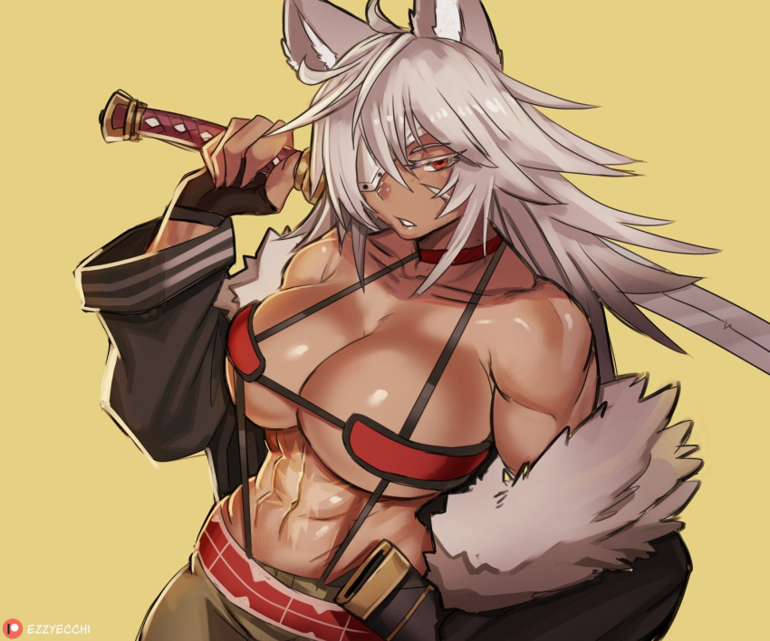 1girl abs animal_ears bandeau belt cat_ears choker cowboy_shot dark_skin dark-skinned_female eyepatch ezzyecchi fur_trim ghislaine_dedoldia green_pants highres muscular muscular_female mushoku_tensei one-eyed open_belt pants red_choker scar scar_on_cheek scar_on_face scar_on_stomach sword underwear weapon white_hair yellow_background