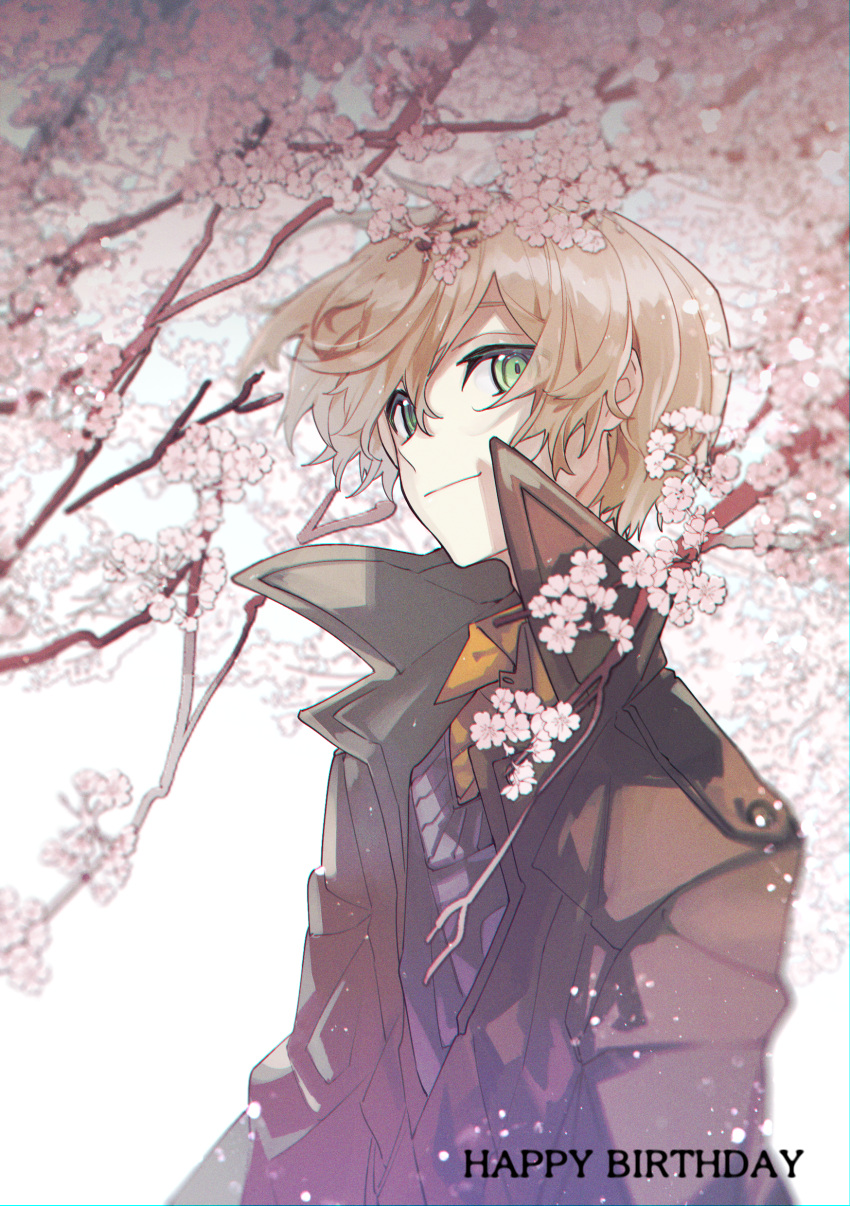 1boy absurdres bangs blonde_hair branch brown_coat cherry_blossoms coat commentary_request eugeo flower from_side gloves green_eyes happy_birthday highres holding jacket jianmo_sl long_sleeves looking_at_viewer male_focus outdoors petals shiny shiny_hair short_hair smile solo sweater sword_art_online tree_branch upper_body