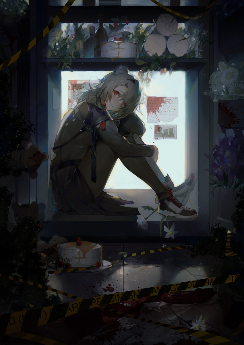 1girl absinthe_(arknights) absurdres animal_ears arknights bear_ears bear_girl bottle cake closed_mouth commentary_request dutan_baopo flower food fruit grey_hair highres looking_at_viewer red_eyes shoes solo strawberry stuffed_animal stuffed_toy teddy_bear wood