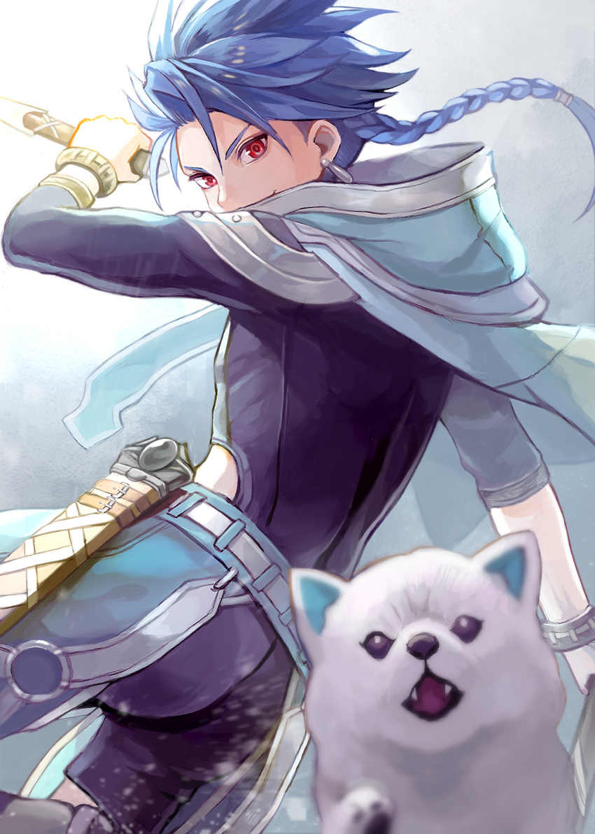 1boy 1other angry animal asymmetrical_bangs bangs belt blue_hair blurry bodysuit bodysuit_under_clothes bracelet braid braided_ponytail capelet child clothing_cutout cu_chulainn_(fate)_(all) dagger depth_of_field dog earrings fangs fate/grand_order fate/grand_order_arcade fate_(series) floating_hair grin highres hood hood_down hooded_capelet jewelry long_hair looking_at_viewer male_focus moguta_(moguta9) ponytail puppy red_eyes scabbard setanta_(fate) sheath skin_tight smile spiky_hair thigh_cutout weapon