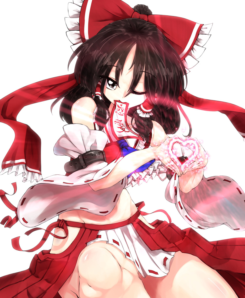 1girl absurdres arm_belt ascot bare_shoulders blue_neckwear bow brown_eyes brown_hair detached_sleeves eyebrows_visible_through_hair frilled_bow frills hair_bow hair_tubes hakurei_reimu heart heart_hands highres hip_vent knees looking_at_viewer ofuda one_eye_closed red_bow red_ribbon red_skirt ribbon ribbon-trimmed_sleeves ribbon_trim sidelocks simple_background sitting skirt solo sunyup tagme touhou white_background