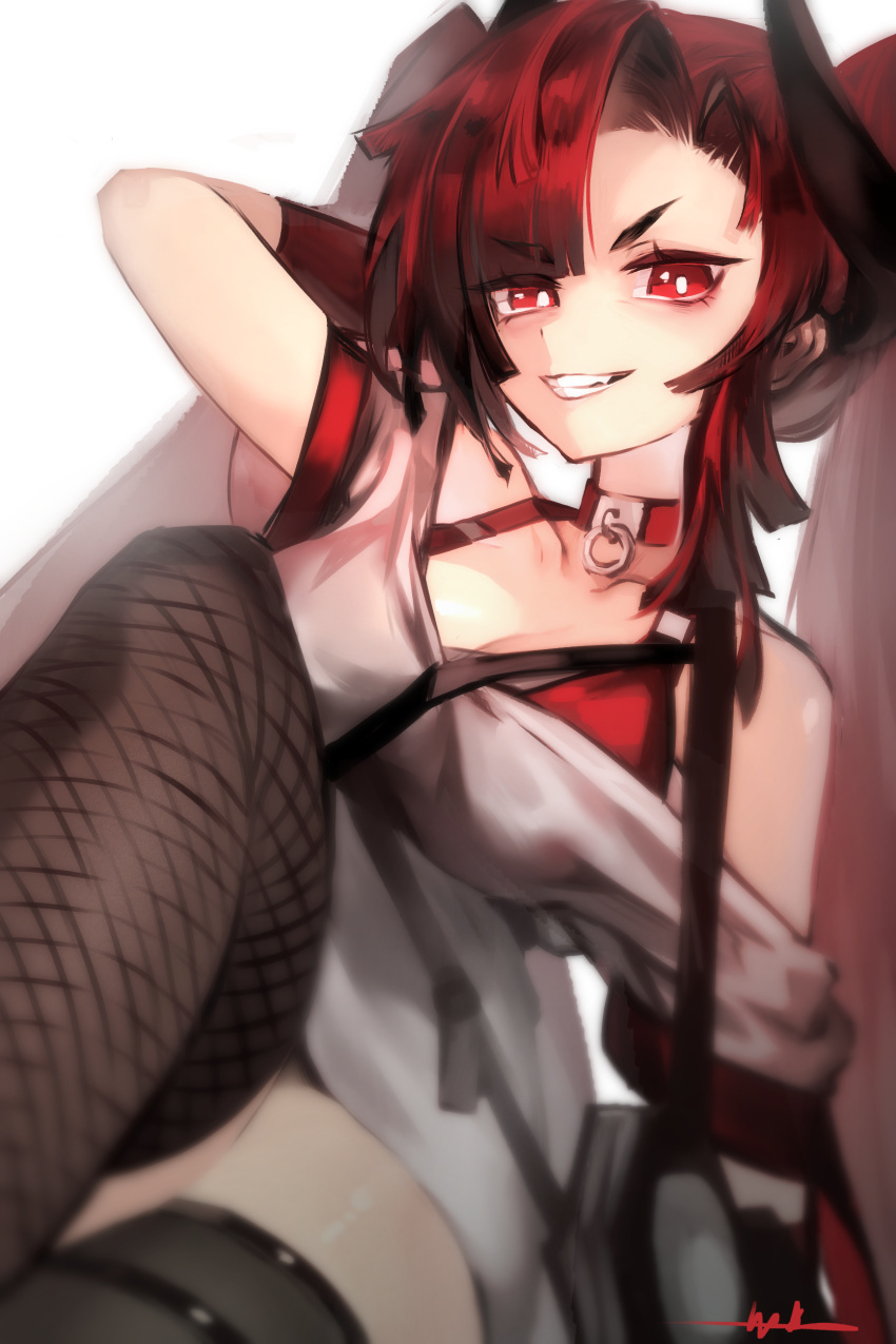 1girl absurdres arknights arm_up bangs bare_shoulders black_legwear bra choker commentary fishnet_legwear fishnets grin highres knee_up libiadan long_hair looking_at_viewer off-shoulder_shirt off_shoulder red_bra red_choker red_eyes redhead shirt short_sleeves simple_background smile solo toddifons_(arknights) twintails underwear v-shaped_eyebrows white_background white_shirt