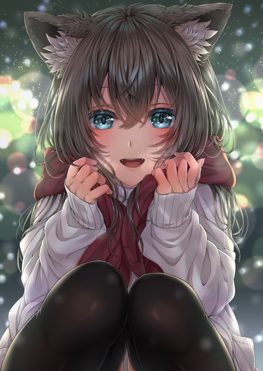 1girl :d animal_ear_fluff animal_ears black_legwear blue_eyes brown_hair fangs highres holding holding_clothes holding_scarf long_hair long_sleeves looking_at_viewer open_mouth original routo_(rot_0) scarf sleeves_past_wrists smile sweater thigh-highs white_sweater