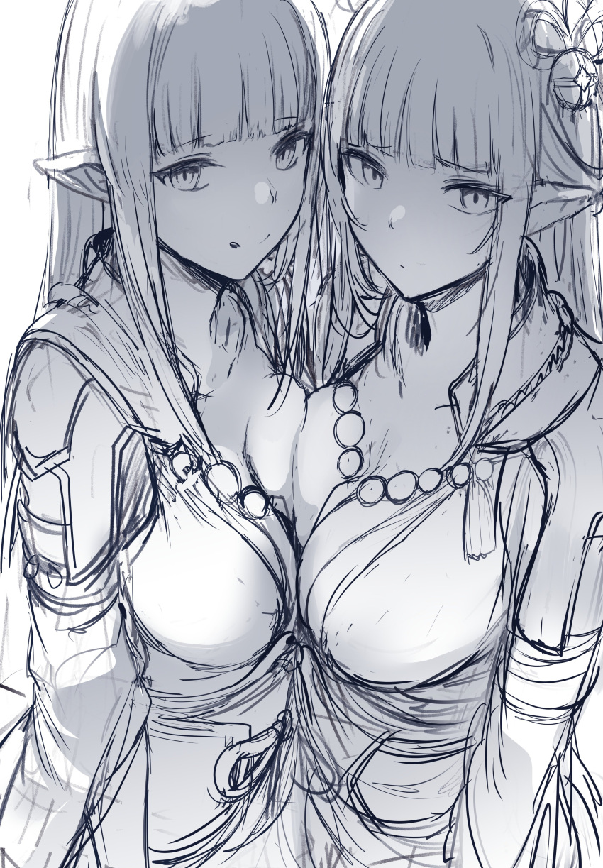 2girls :q absurdres asymmetrical_docking bangs blunt_bangs breast_press breasts closed_mouth english_commentary eyebrows_visible_through_hair hair_ornament hews highres hinoa long_hair looking_at_viewer medium_breasts minoto monochrome monster_hunter_(series) monster_hunter_rise multiple_girls pointy_ears siblings simple_background sisters sketch smile tongue tongue_out white_background