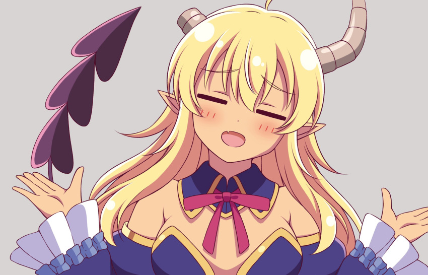 1girl ahoge bangs bare_shoulders blonde_hair blue_sleeves blush breasts broken_horn closed_eyes commentary_request demon_girl demon_horns demon_tail detached_collar detached_sleeves eyebrows_visible_through_hair facing_viewer fang frilled_sleeves frills grey_background hair_between_eyes hands_up highres horns lilith_(machikado_mazoku) long_hair long_sleeves machikado_mazoku neck_ribbon open_mouth pointy_ears red_neckwear red_ribbon ribbon shiny shiny_hair simple_background skin_fang solo tail tail_raised upper_body very_long_hair zeta_(24904340)