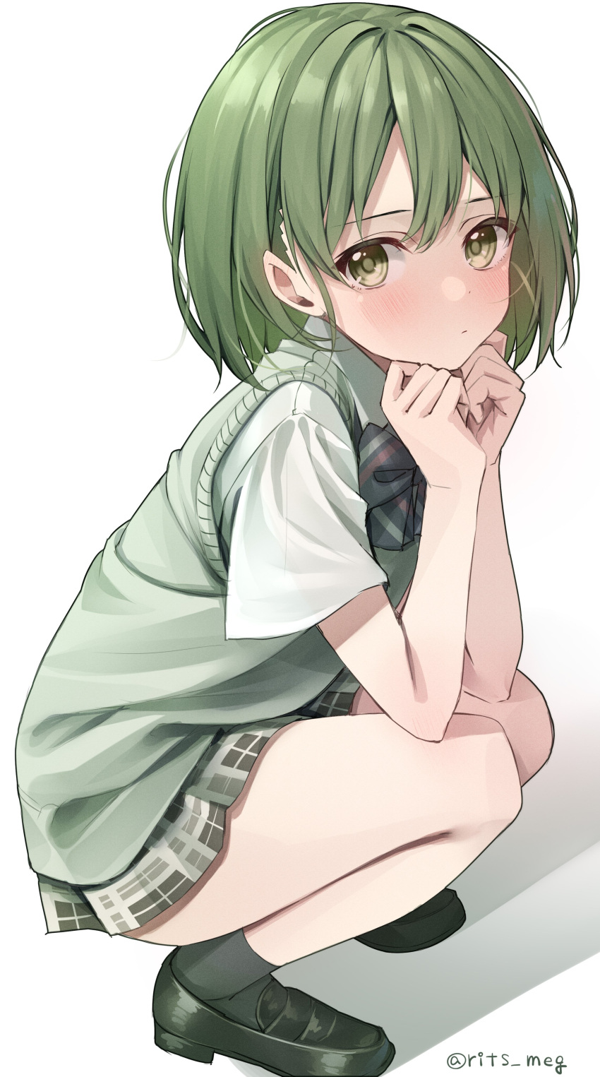 1girl absurdres bangs bare_legs black_footwear black_legwear blush bow bowtie closed_mouth elbows_on_knees expressionless full_body green_eyes green_hair grey_background hands_on_own_cheeks hands_on_own_face highres idolmaster idolmaster_shiny_colors looking_at_viewer looking_to_the_side nanakusa_nichika plaid plaid_skirt pleated_skirt rits_(apud8788) school_uniform shadow short_hair short_sleeves simple_background skirt solo squatting striped striped_bow thighs vest