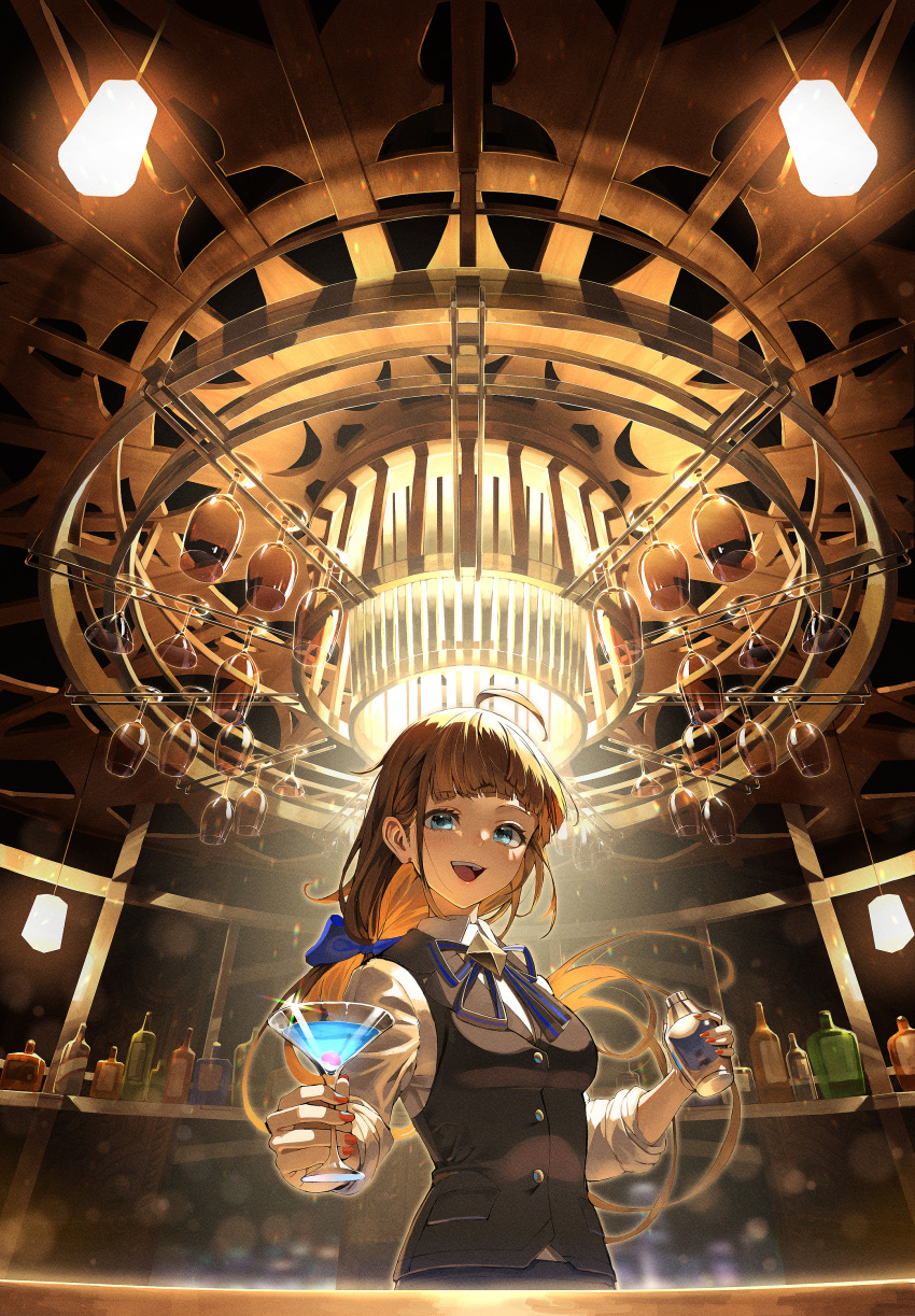1girl absurdres ahoge bangs bar bartender blue_bow blue_eyes blue_ribbon blunt_bangs bottle bow brown_hair chandelier collared_shirt cup drinking_glass hair_bow highres holding holding_cup kabu_(niniko2ko) long_hair long_sleeves nail_polish open_mouth original red_nails ribbon shirt solo upper_body vest wine_bottle wine_glass
